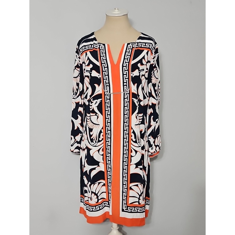 Crown &Ivy Dress Size 8 Orange Navy Blue 3/4‎ Length Sleeve
